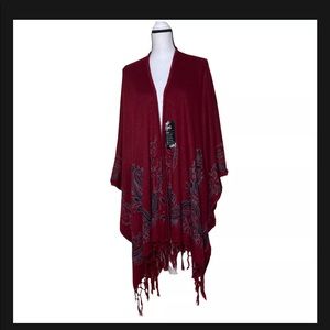 New Hots Wing Burgundy Border Printed Shawl Pancho Wrap Fringe Open Front